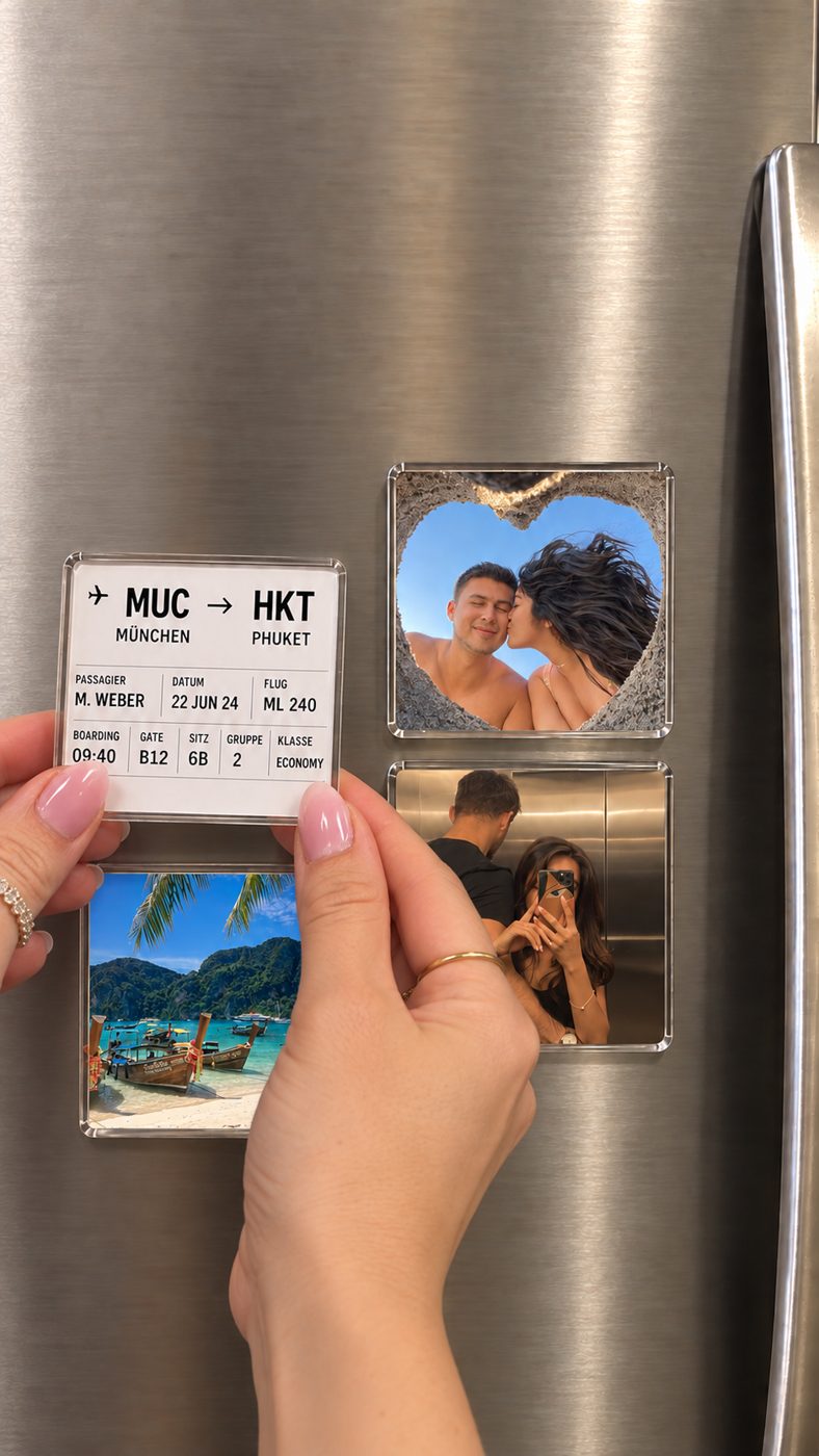 Hand adding a photo magnet next to a boarding pass magnet