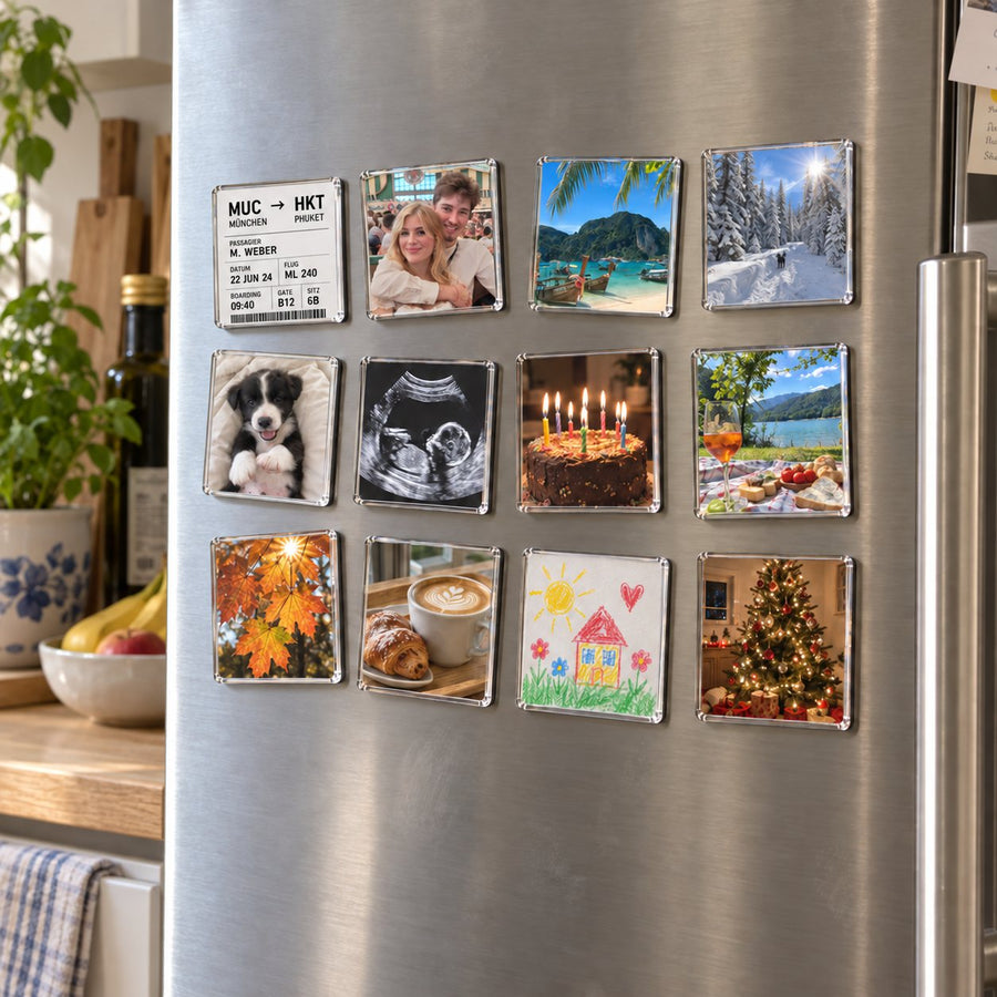 Fridge door with twelve photo and ticket magnets from across the year