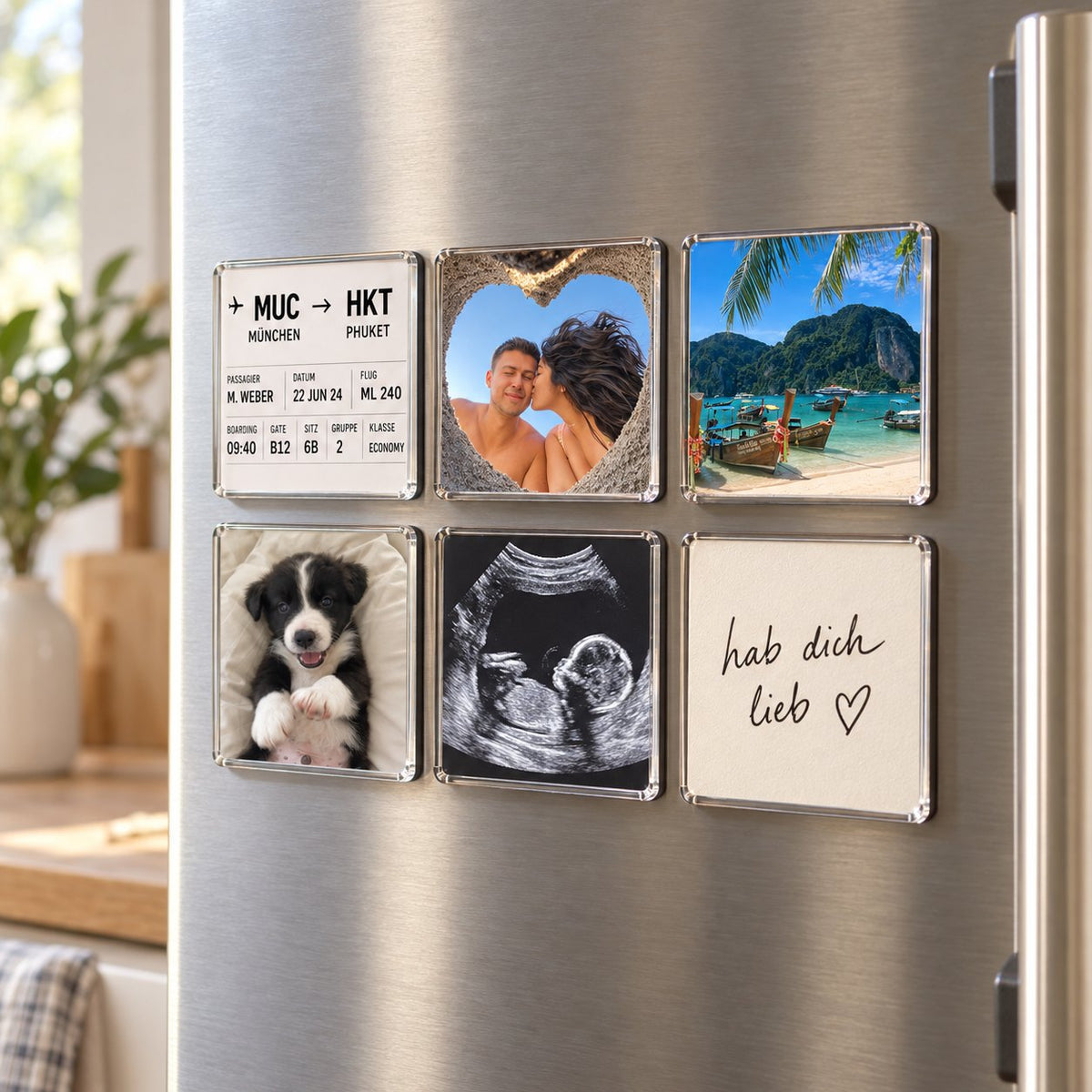 Six magnets on a fridge: boarding pass, photos and a handwritten note